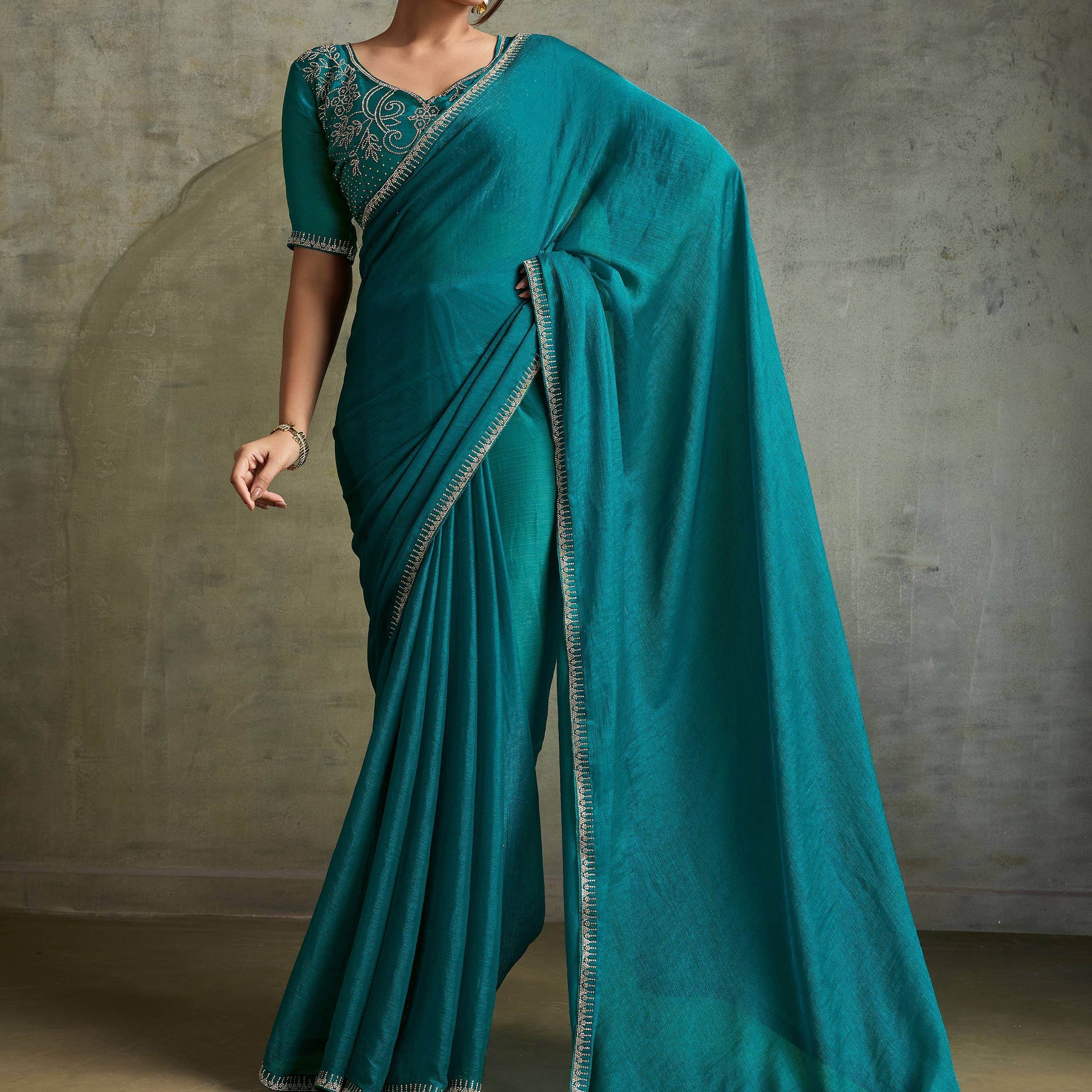Astonishing Teal Green Chiffon Evening Wear Saree With Jarkan Work Blouse