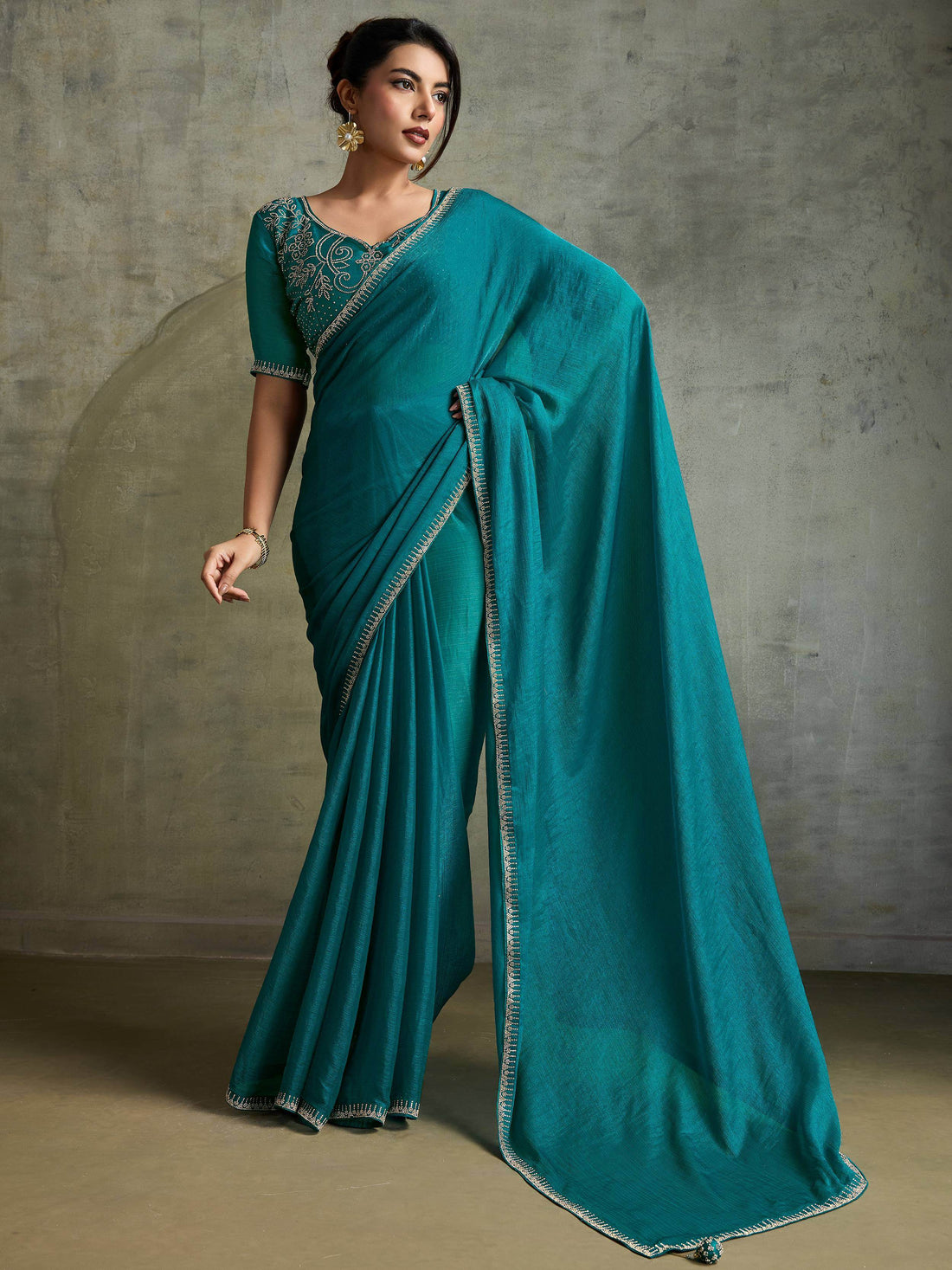 Astonishing Teal Green Chiffon Evening Wear Saree With Jarkan Work Blouse