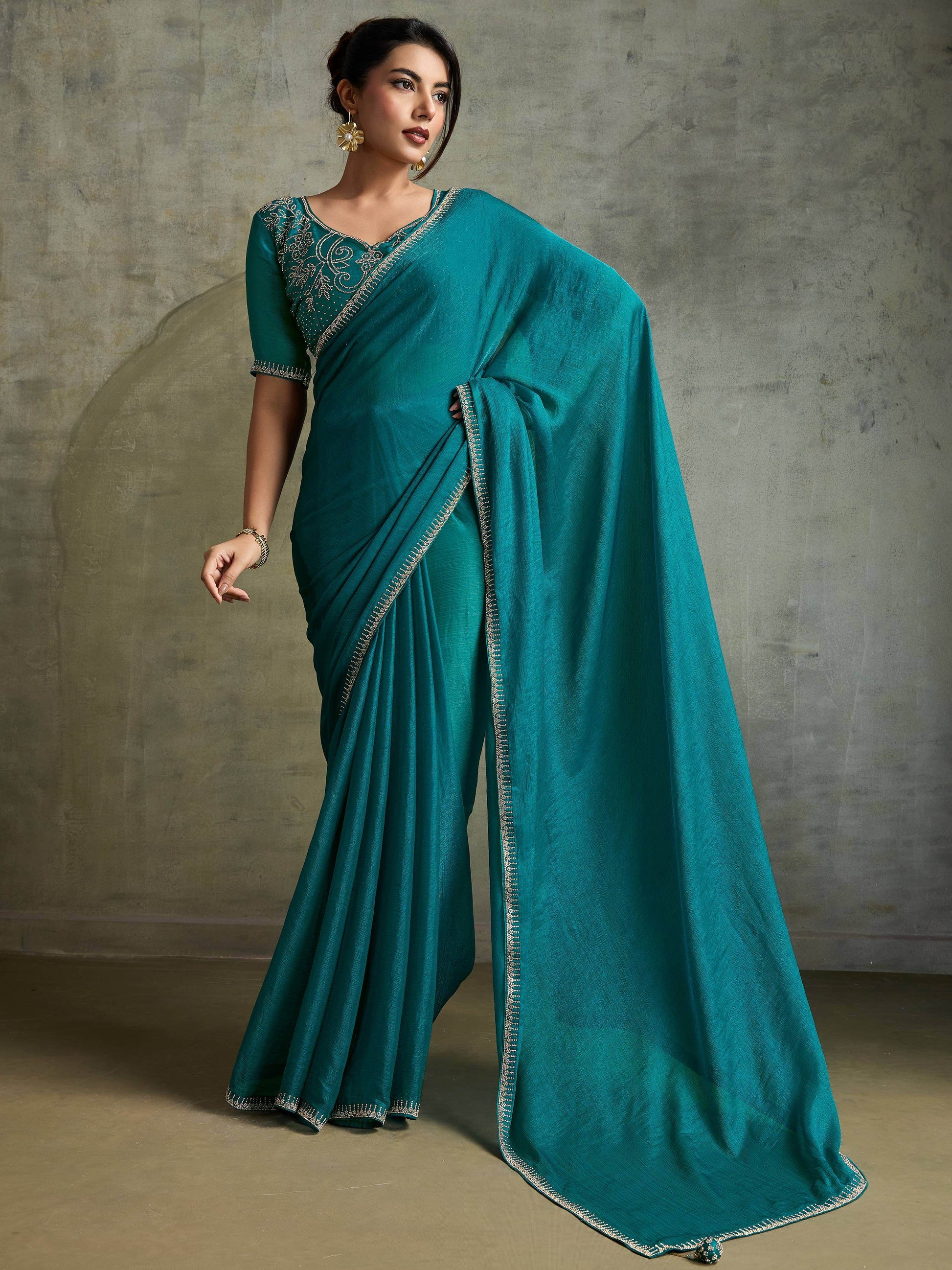 Astonishing Teal Green Chiffon Evening Wear Saree With Jarkan Work Blouse