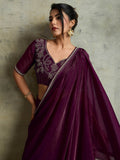 Incredible Wine Chiffon Designer Saree With Jarkan Work Blouse