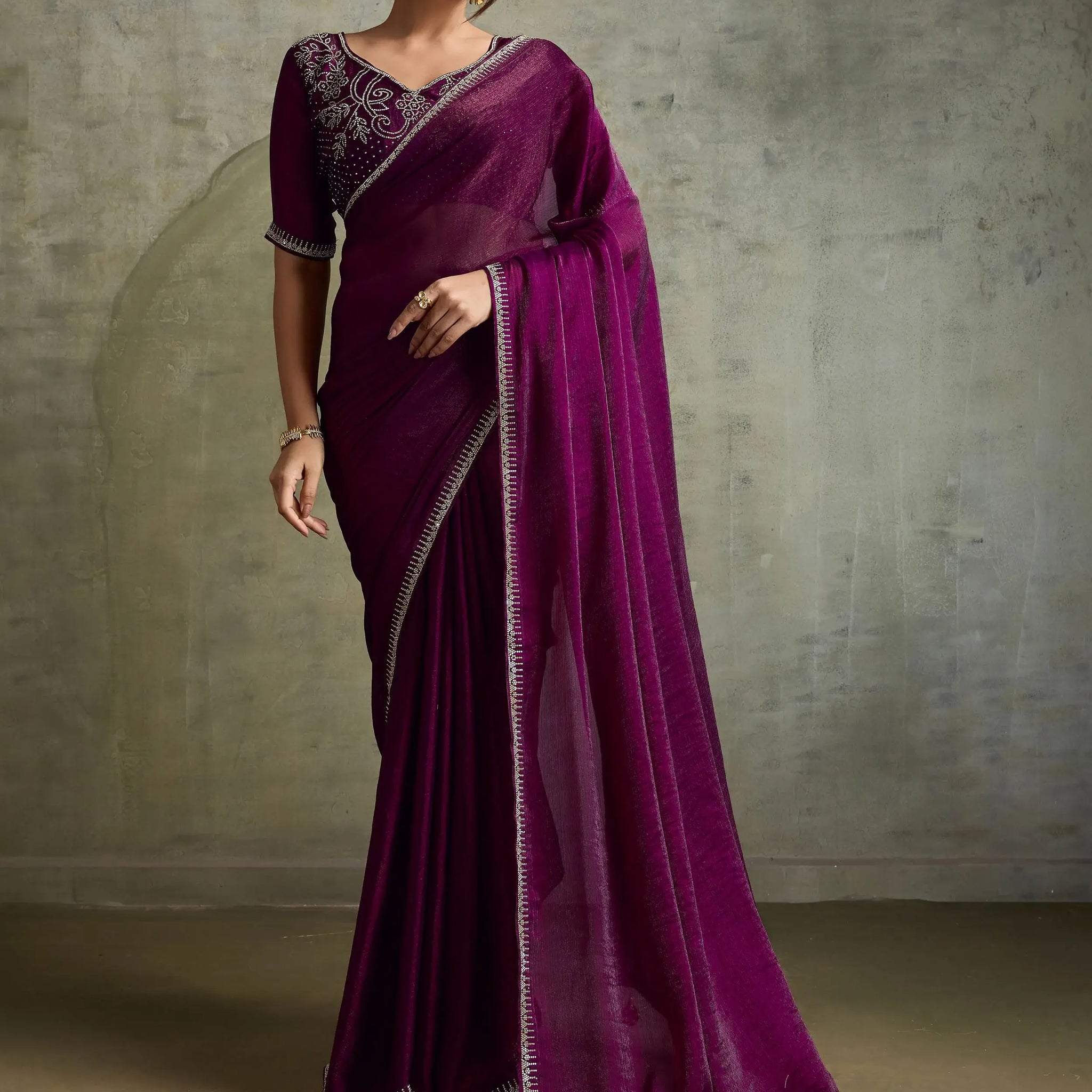Incredible Wine Chiffon Designer Saree With Jarkan Work Blouse