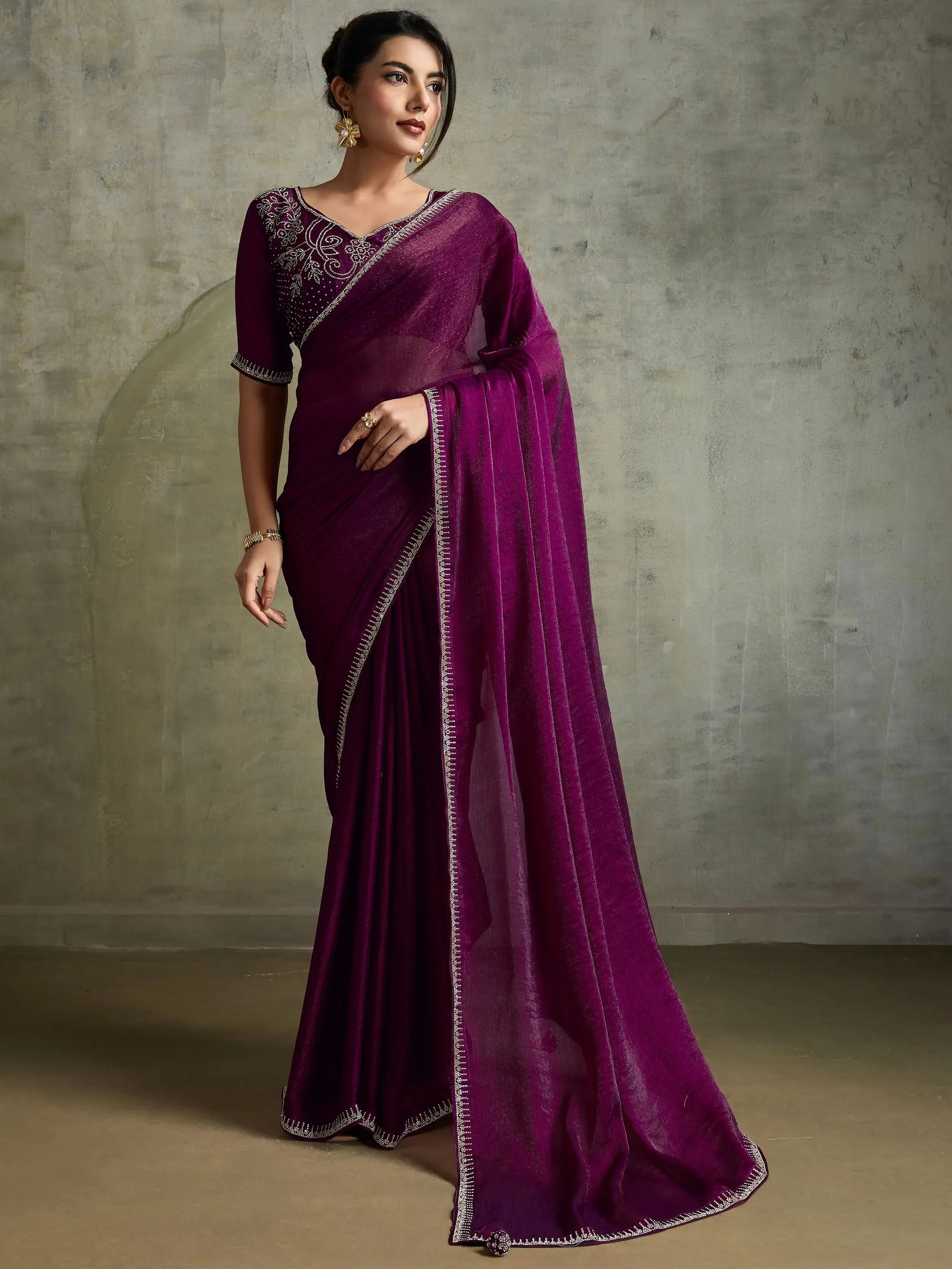 Incredible Wine Chiffon Designer Saree With Jarkan Work Blouse