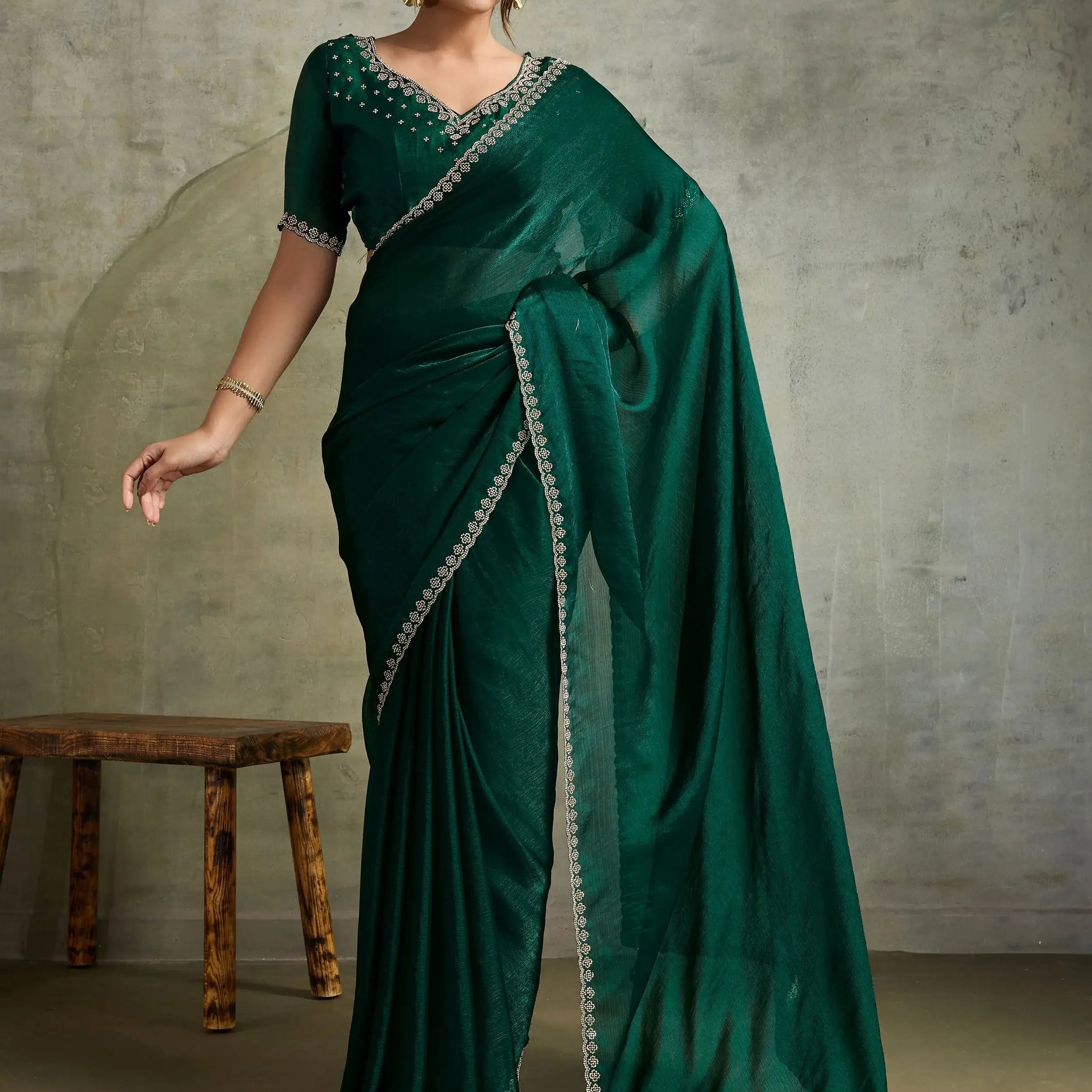Rich Bottle Green Jarkan Border Work Chiffon Mehendi Wear Saree With Blouse