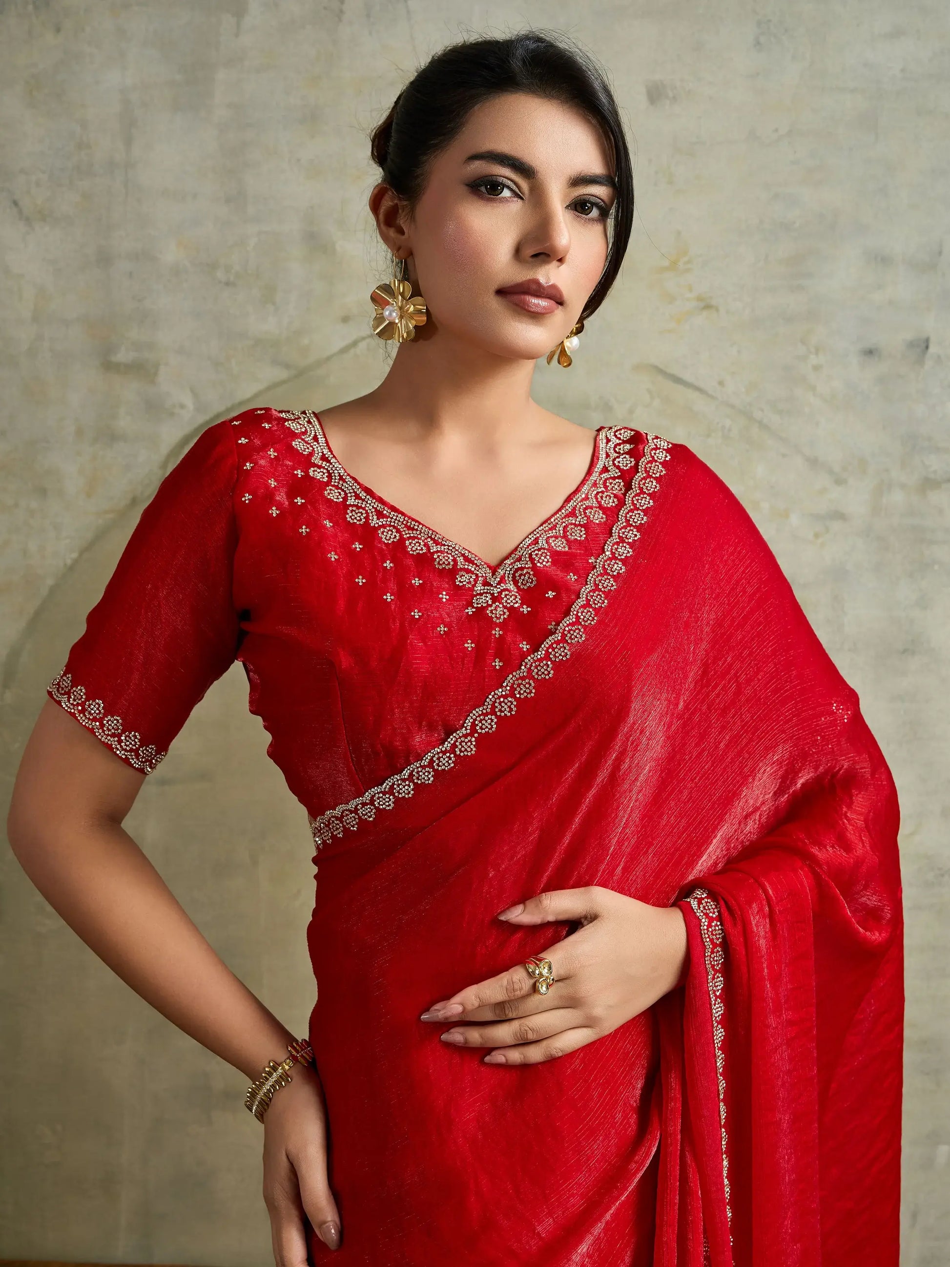 Lovely Red Jarkan Border Work Chiffon Wedding Wear Saree With Blouse