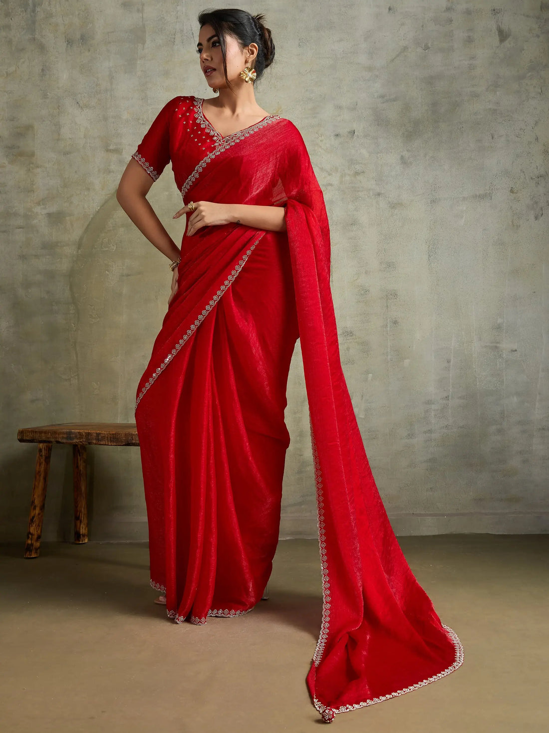 Lovely Red Jarkan Border Work Chiffon Wedding Wear Saree With Blouse