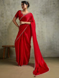 Lovely Red Jarkan Border Work Chiffon Wedding Wear Saree With Blouse