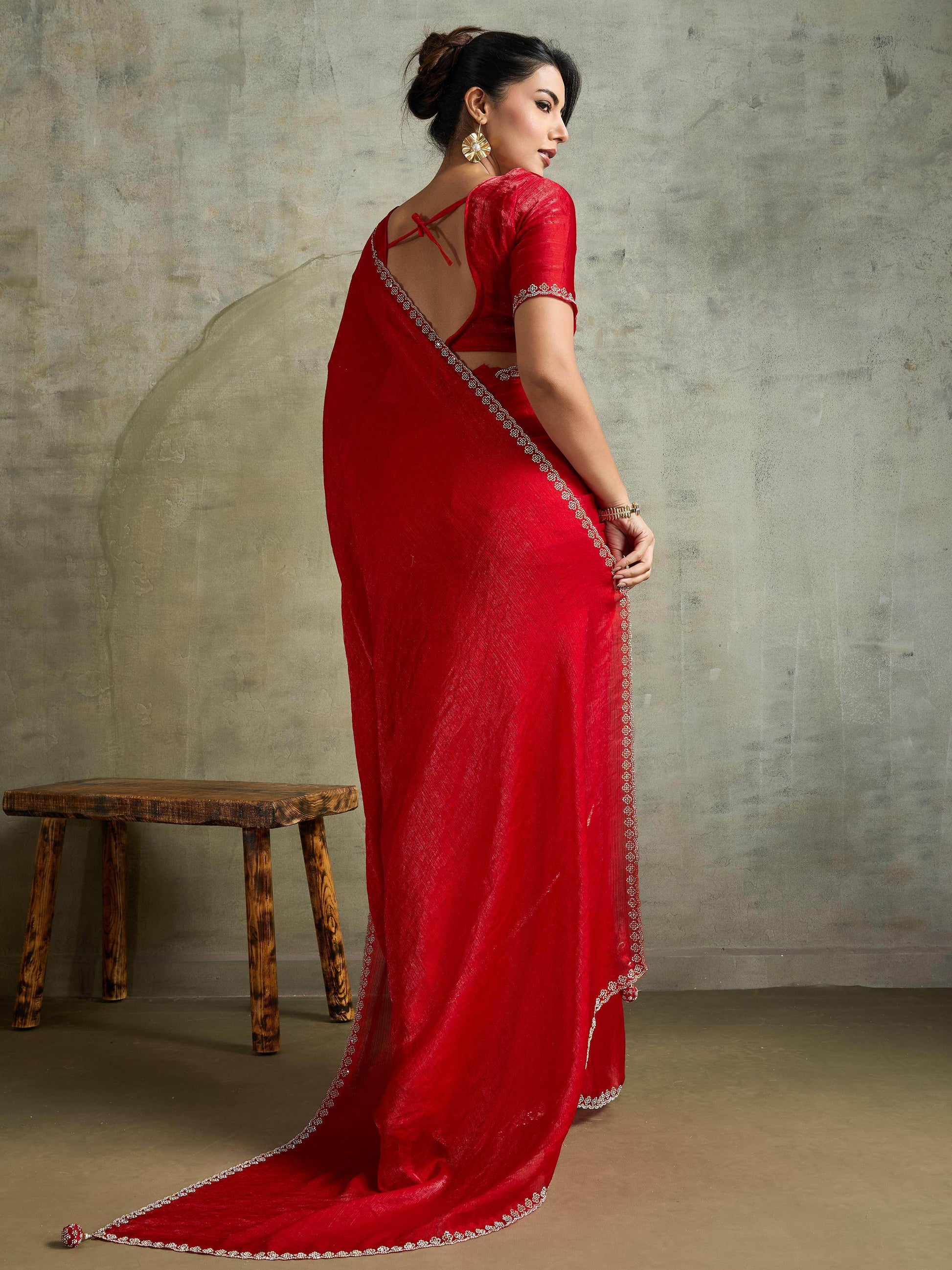 Lovely Red Jarkan Border Work Chiffon Wedding Wear Saree With Blouse