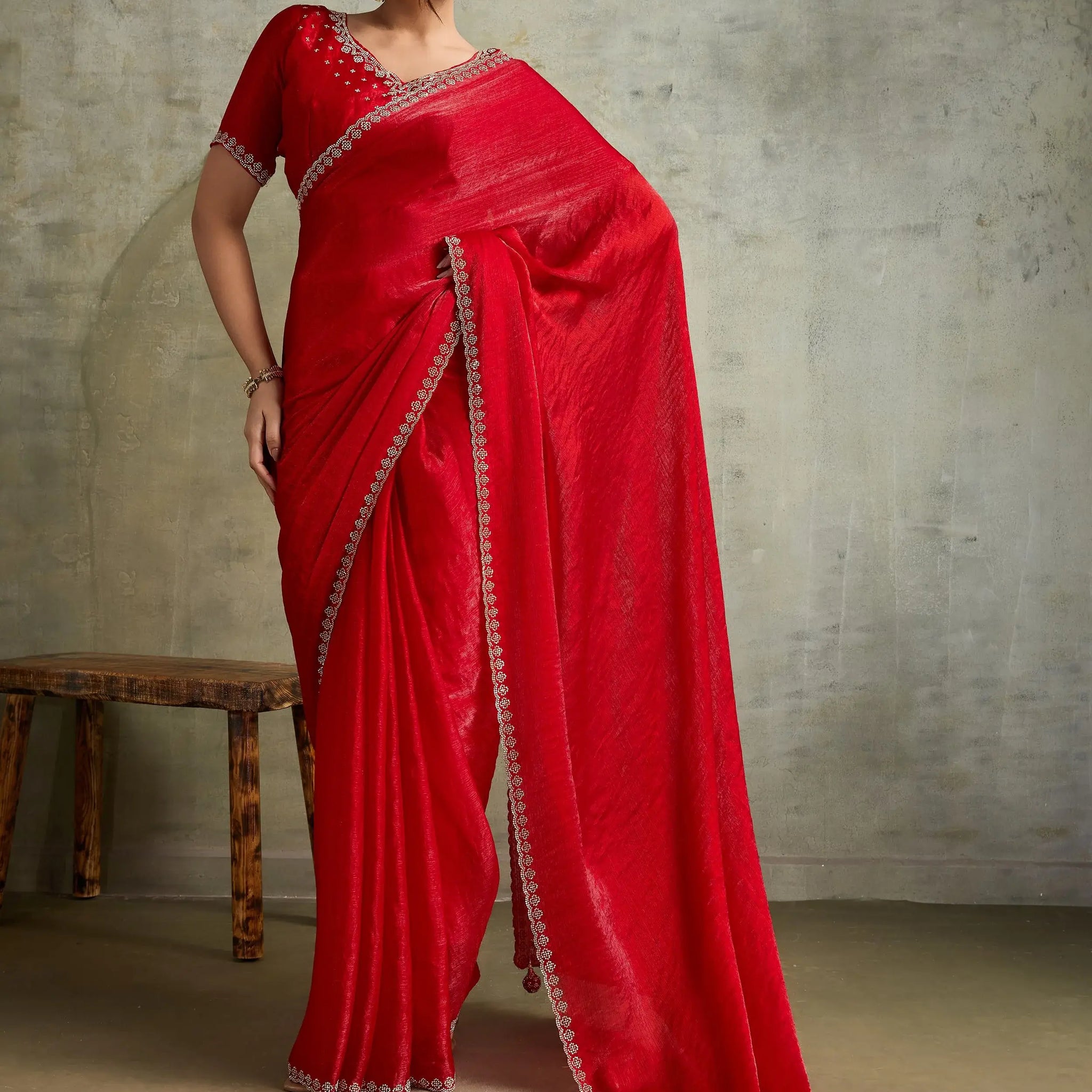 Lovely Red Jarkan Border Work Chiffon Wedding Wear Saree With Blouse