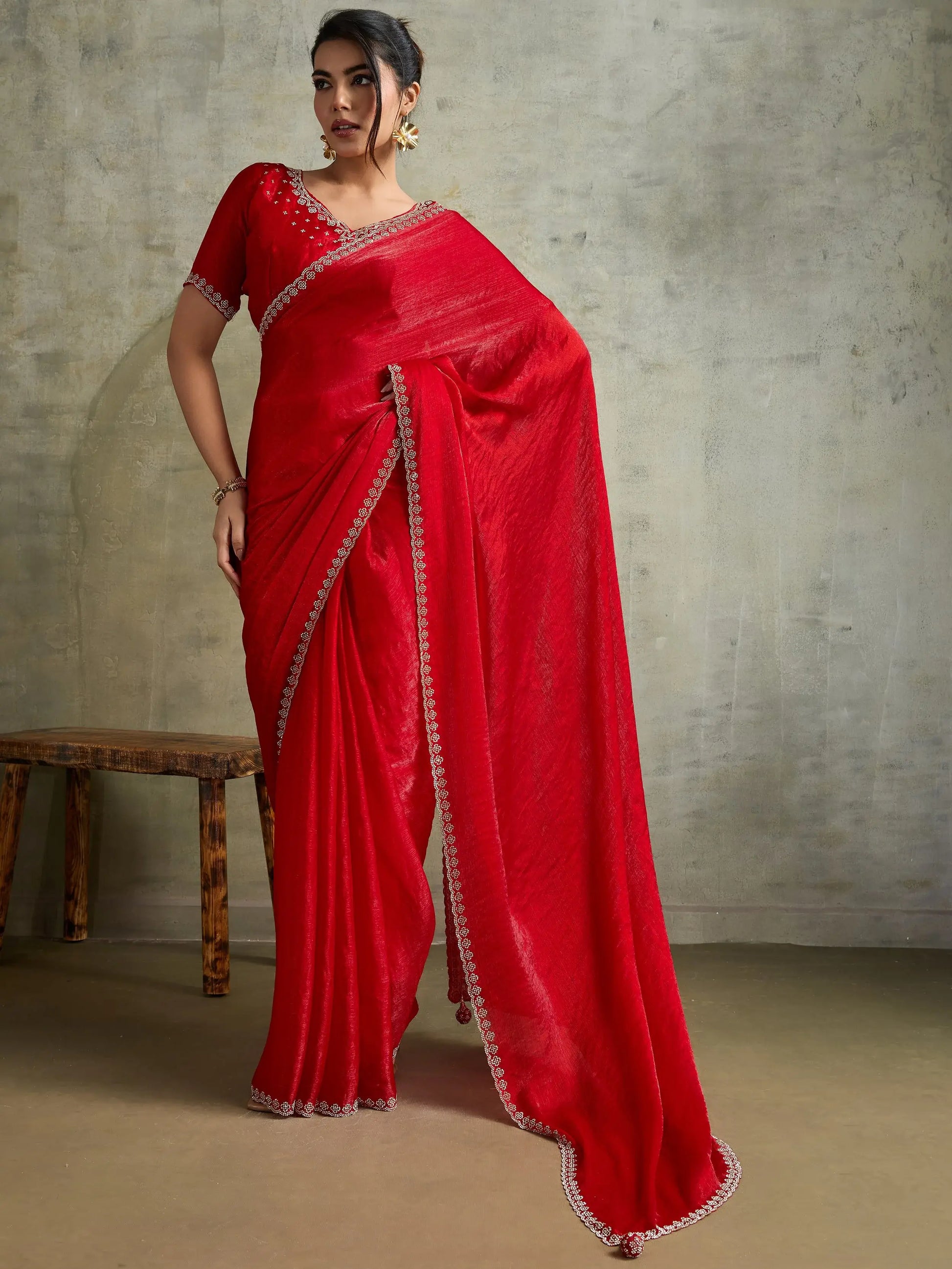 Lovely Red Jarkan Border Work Chiffon Wedding Wear Saree With Blouse