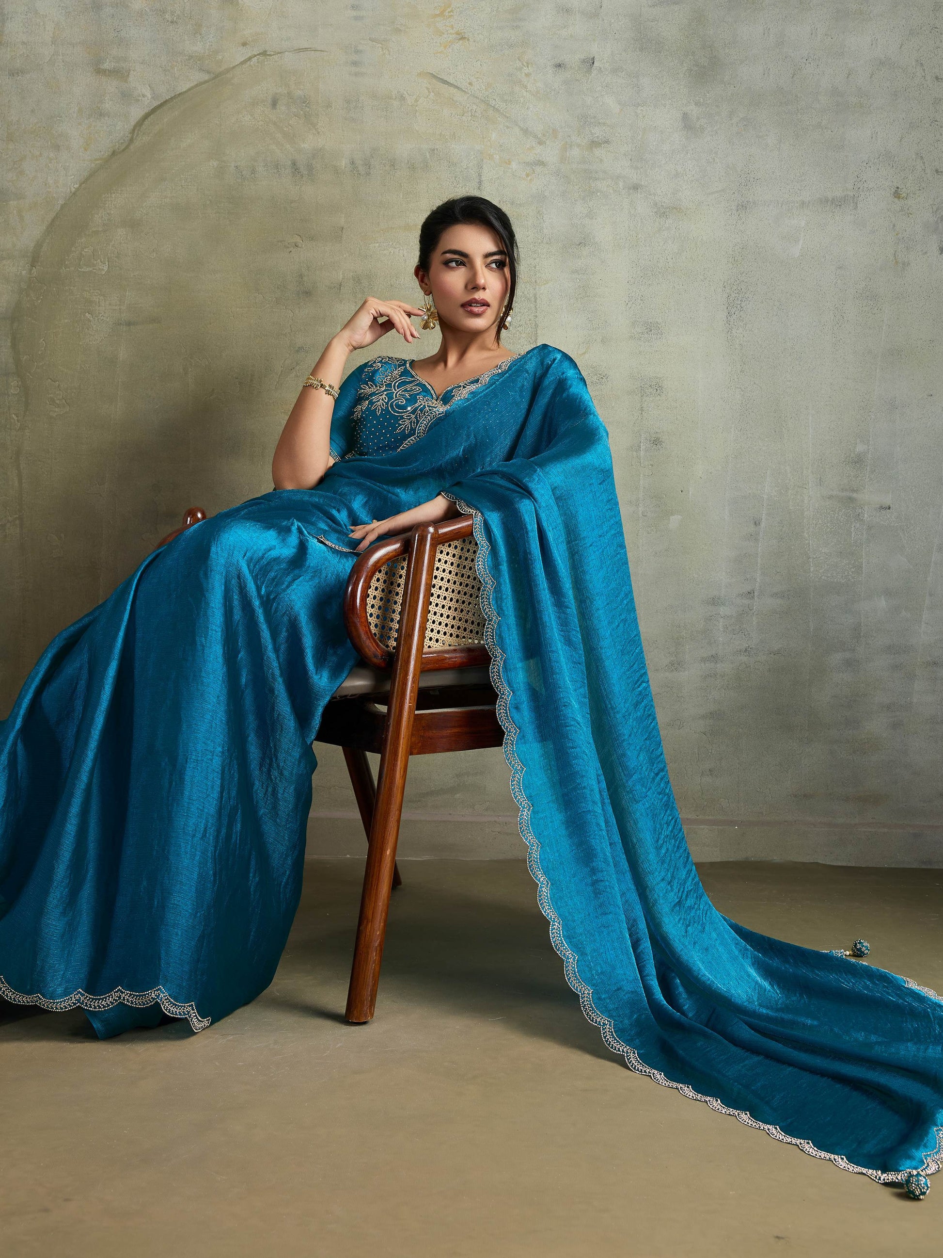 Awesome Blue Chiffon Party Wear Saree With Jarkan Work Blouse