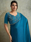 Awesome Blue Chiffon Party Wear Saree With Jarkan Work Blouse
