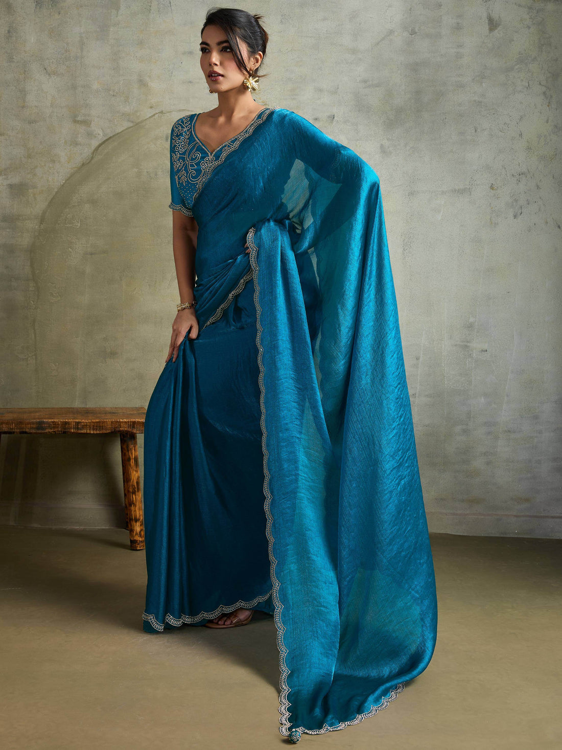 Awesome Blue Chiffon Party Wear Saree With Jarkan Work Blouse