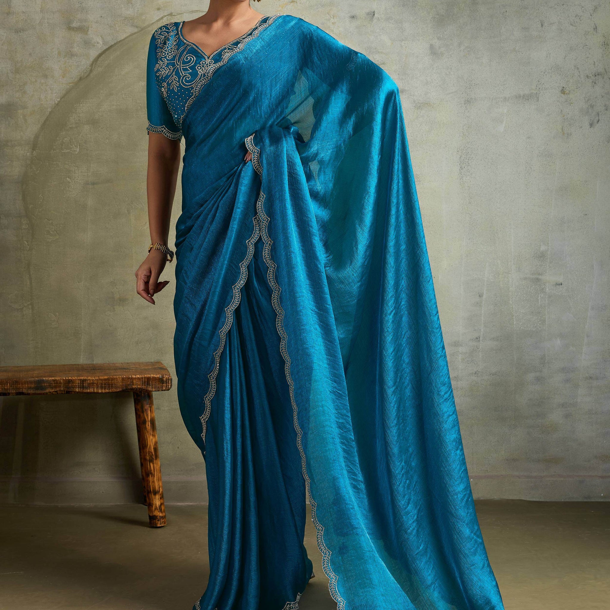 Awesome Blue Chiffon Party Wear Saree With Jarkan Work Blouse