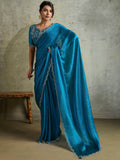 Awesome Blue Chiffon Party Wear Saree With Jarkan Work Blouse