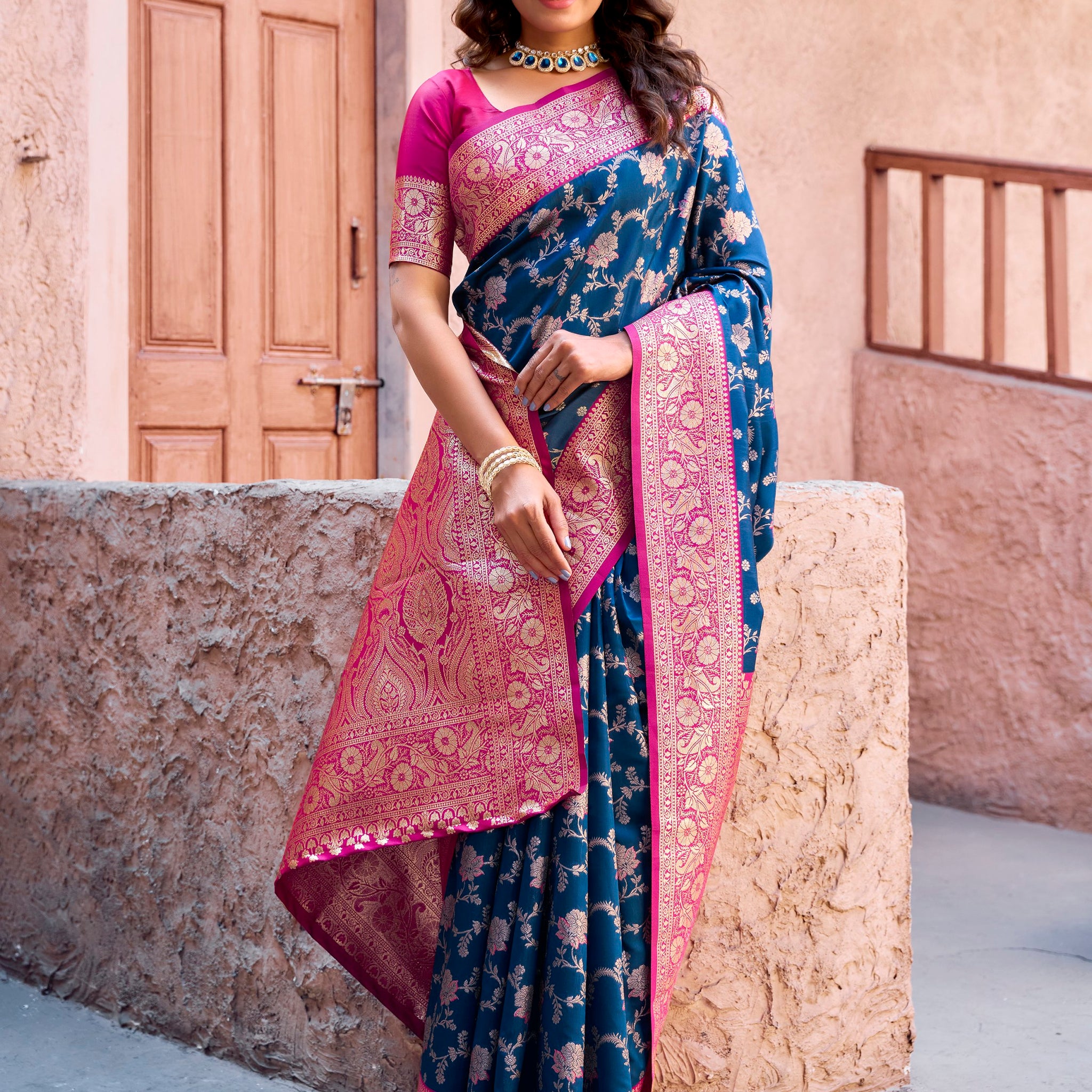 Pretty Navy Blue Zari Weaving Silk Designer Saree With Blouse
