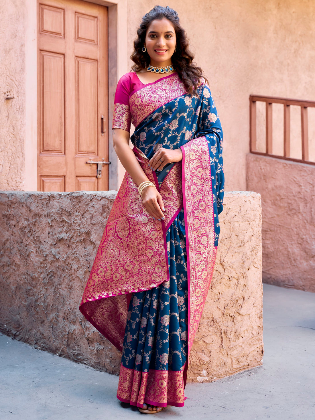 Pretty Navy Blue Zari Weaving Silk Designer Saree With Blouse