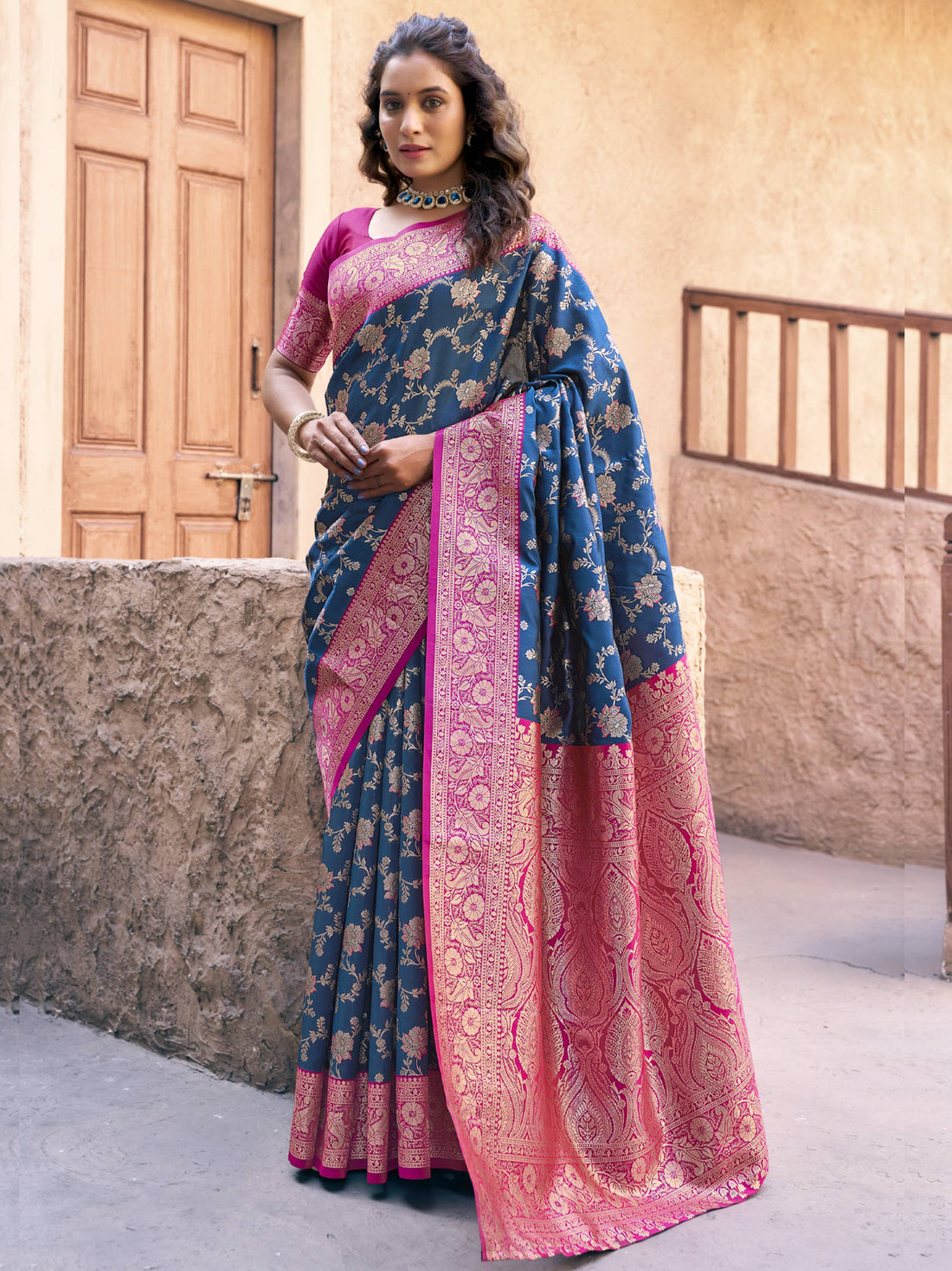 Pretty Navy Blue Zari Weaving Silk Designer Saree With Blouse