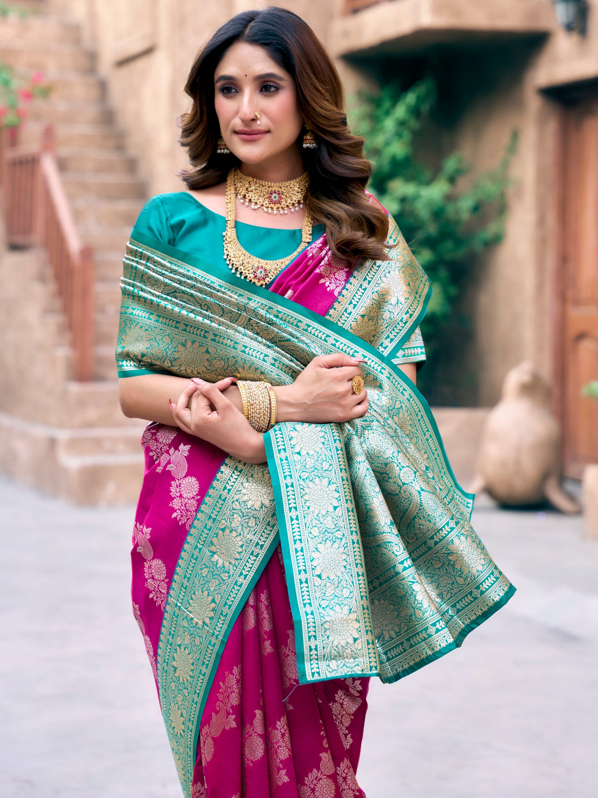 Enchanting Hot Pink Zari Weaving Silk Traditional Saree With Blouse