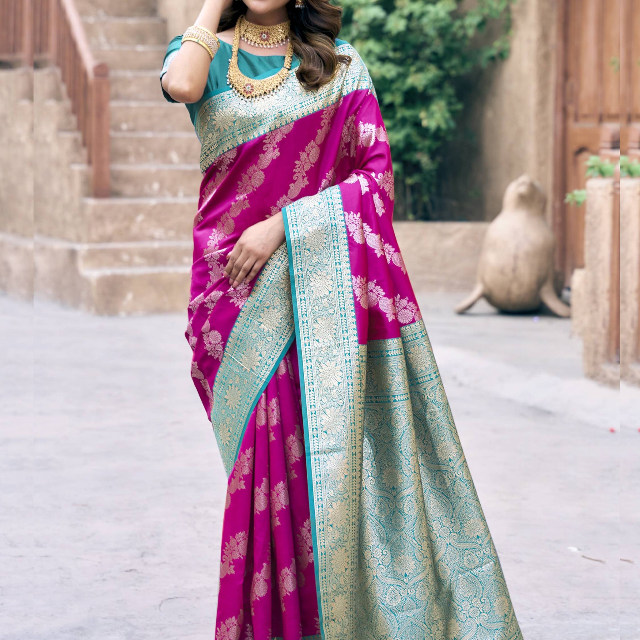 Enchanting Hot Pink Zari Weaving Silk Traditional Saree With Blouse