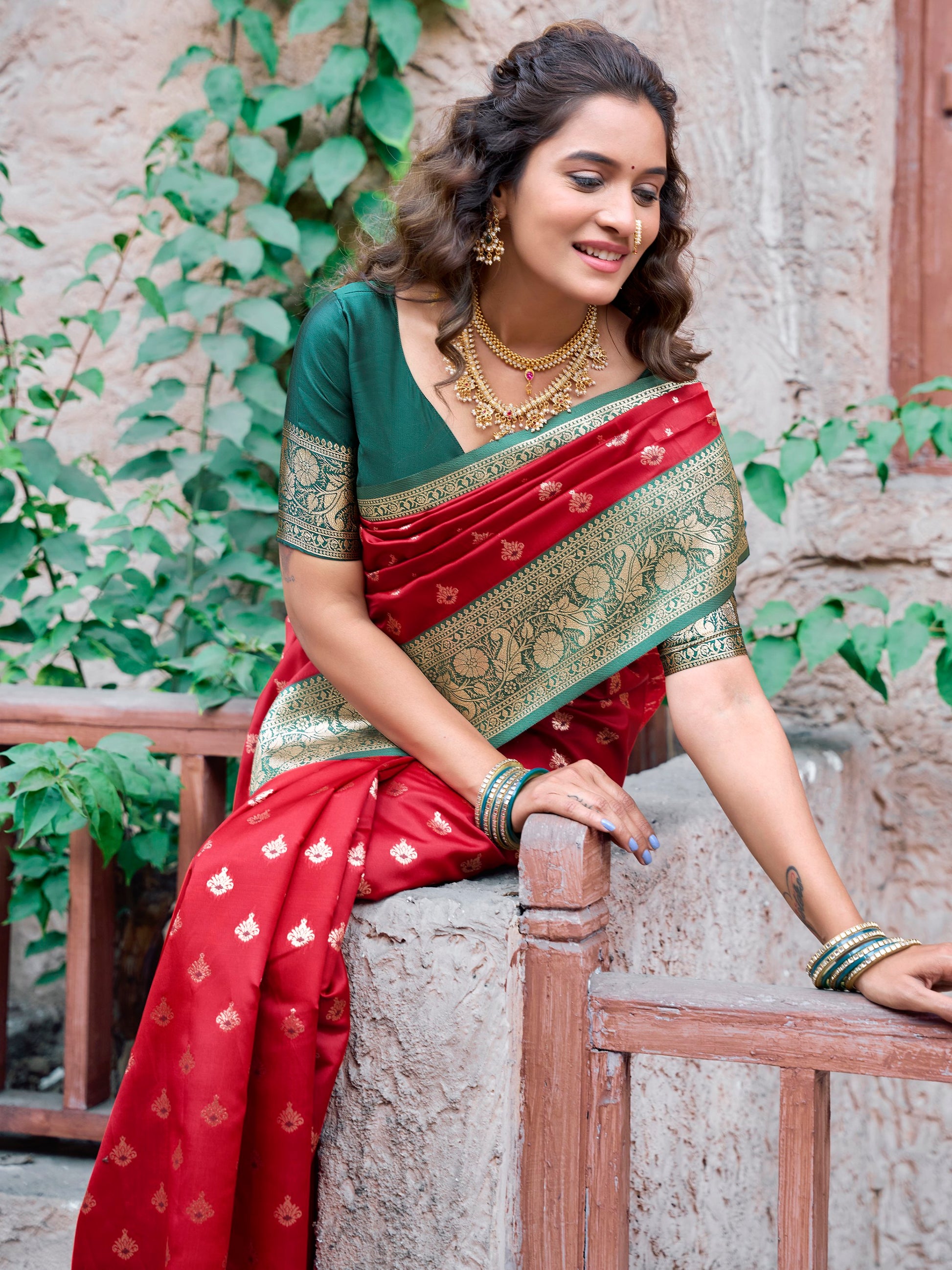 Lovely Red Zari Weaving Silk Wedding Wear Saree With Blouse