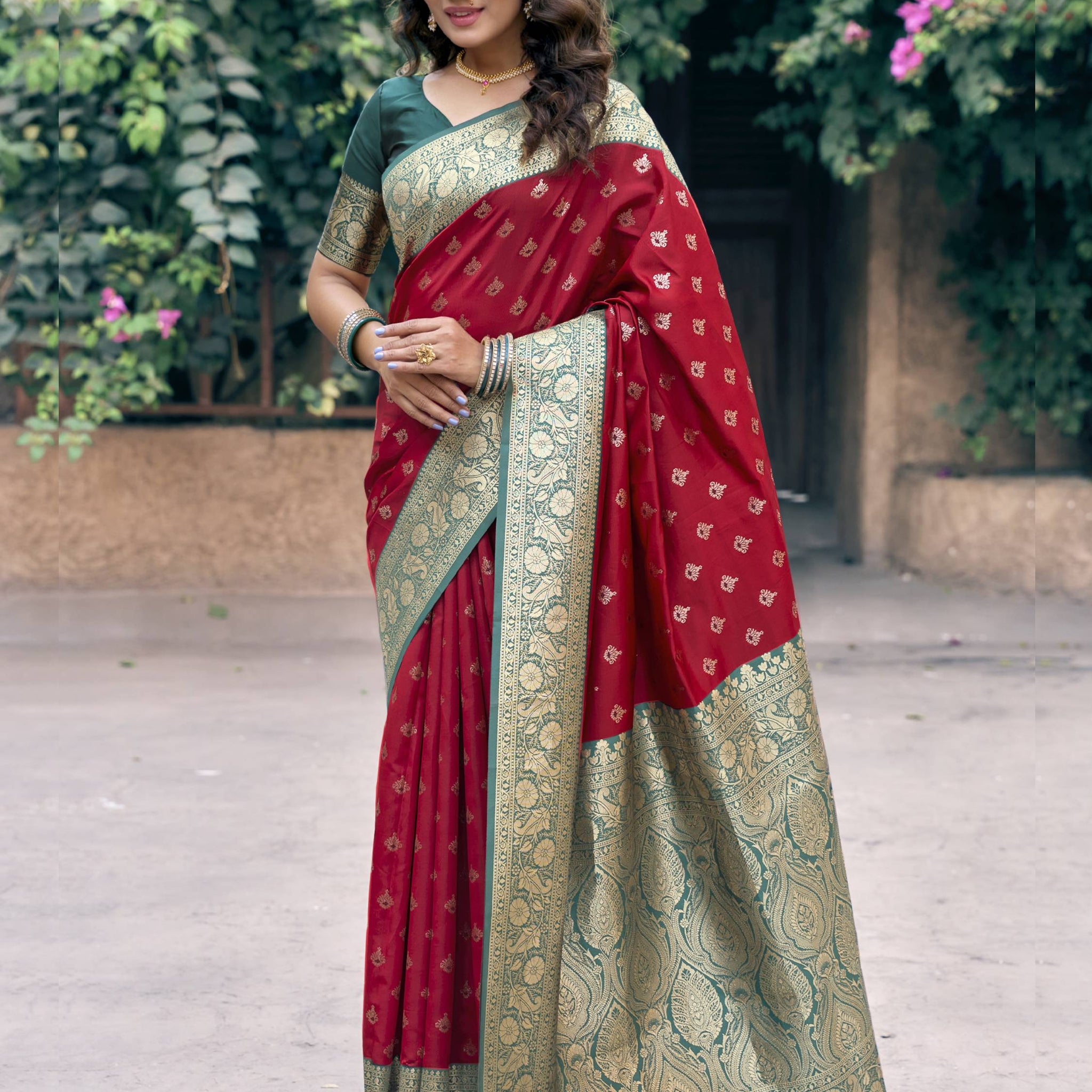 Lovely Red Zari Weaving Silk Wedding Wear Saree With Blouse