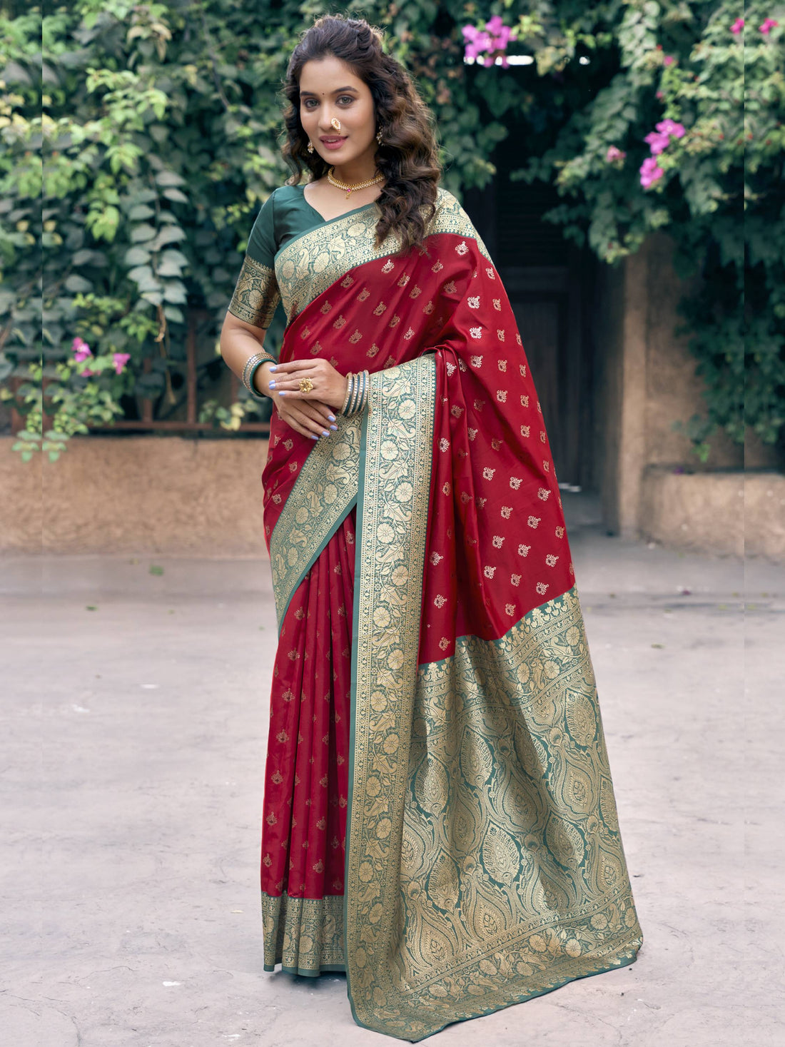 Lovely Red Zari Weaving Silk Wedding Wear Saree With Blouse
