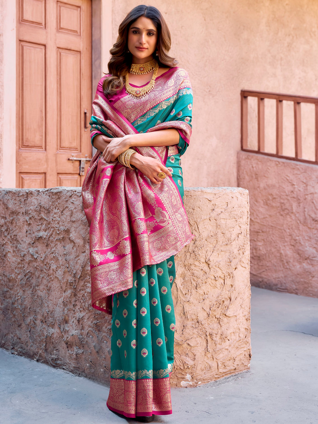 Marvelous Teal Green Zari Weaving Silk Saree With Pink Blouse
