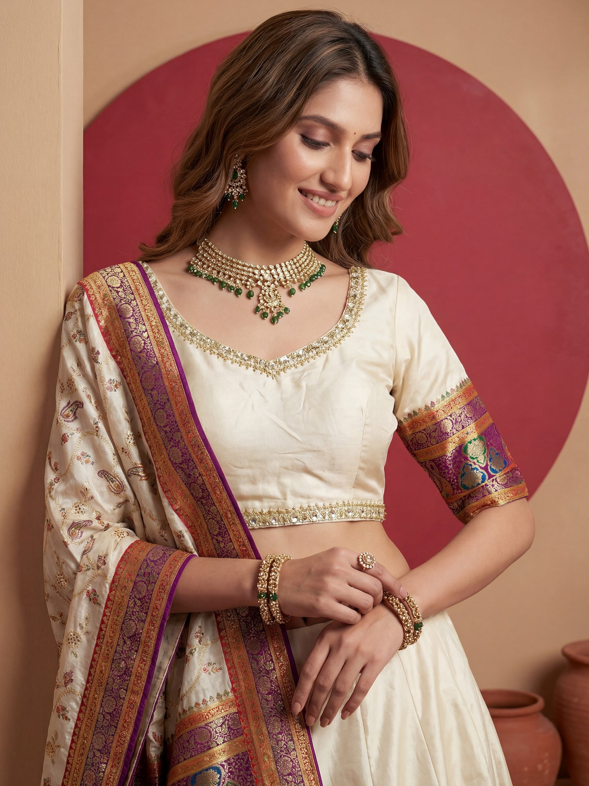 Majestic Cream Zari Weaving Viscose Traditional Wear Lehenga Choli With Dupatta