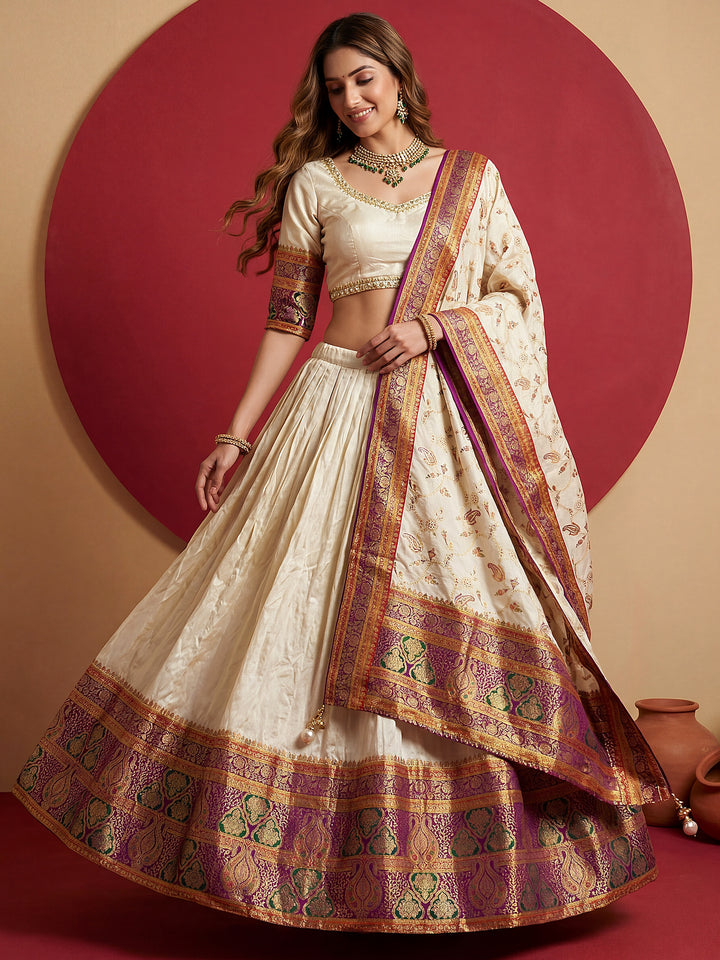Majestic Cream Zari Weaving Viscose Traditional Wear Lehenga Choli With Dupatta