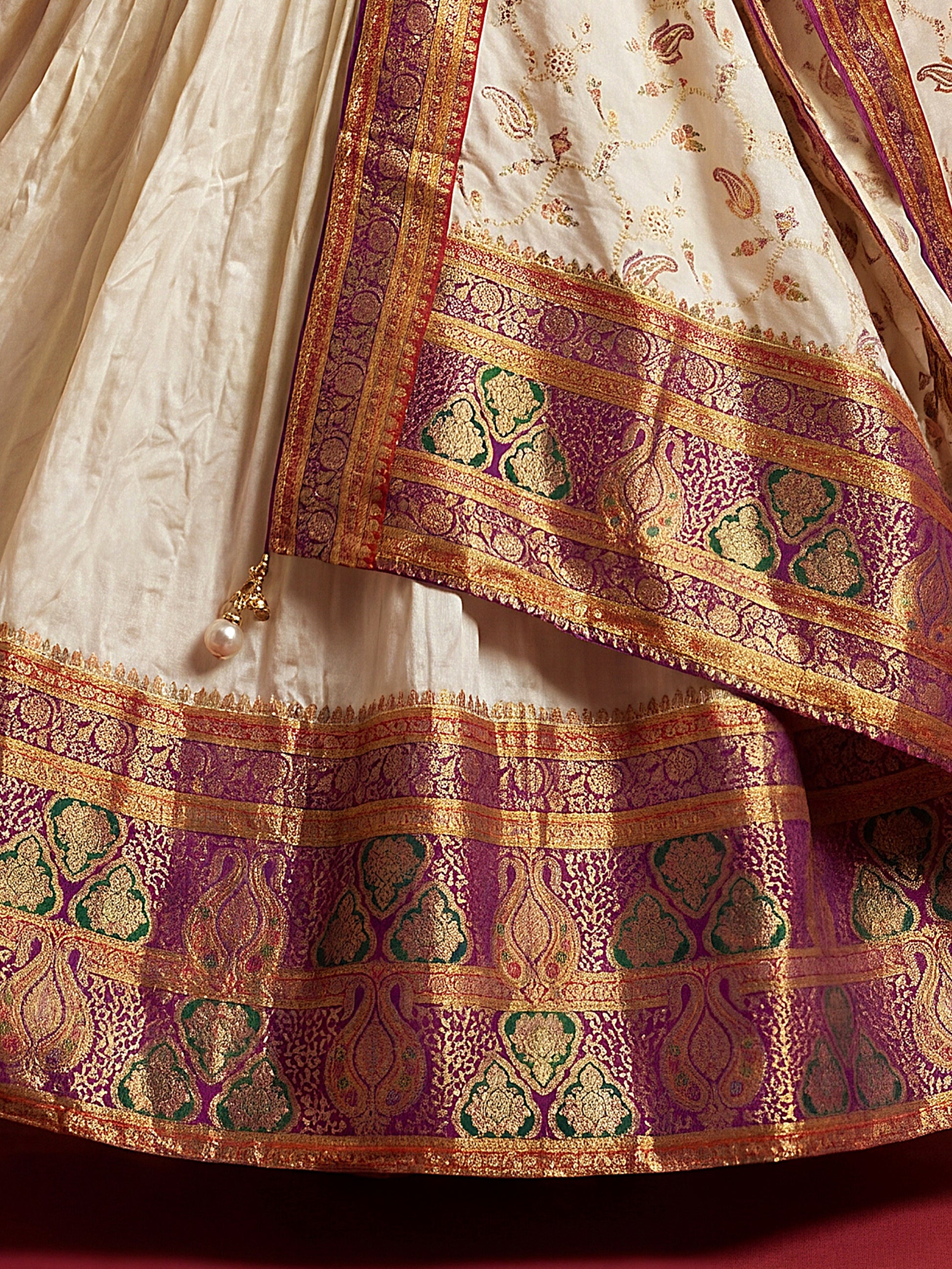 Majestic Cream Zari Weaving Viscose Traditional Wear Lehenga Choli With Dupatta