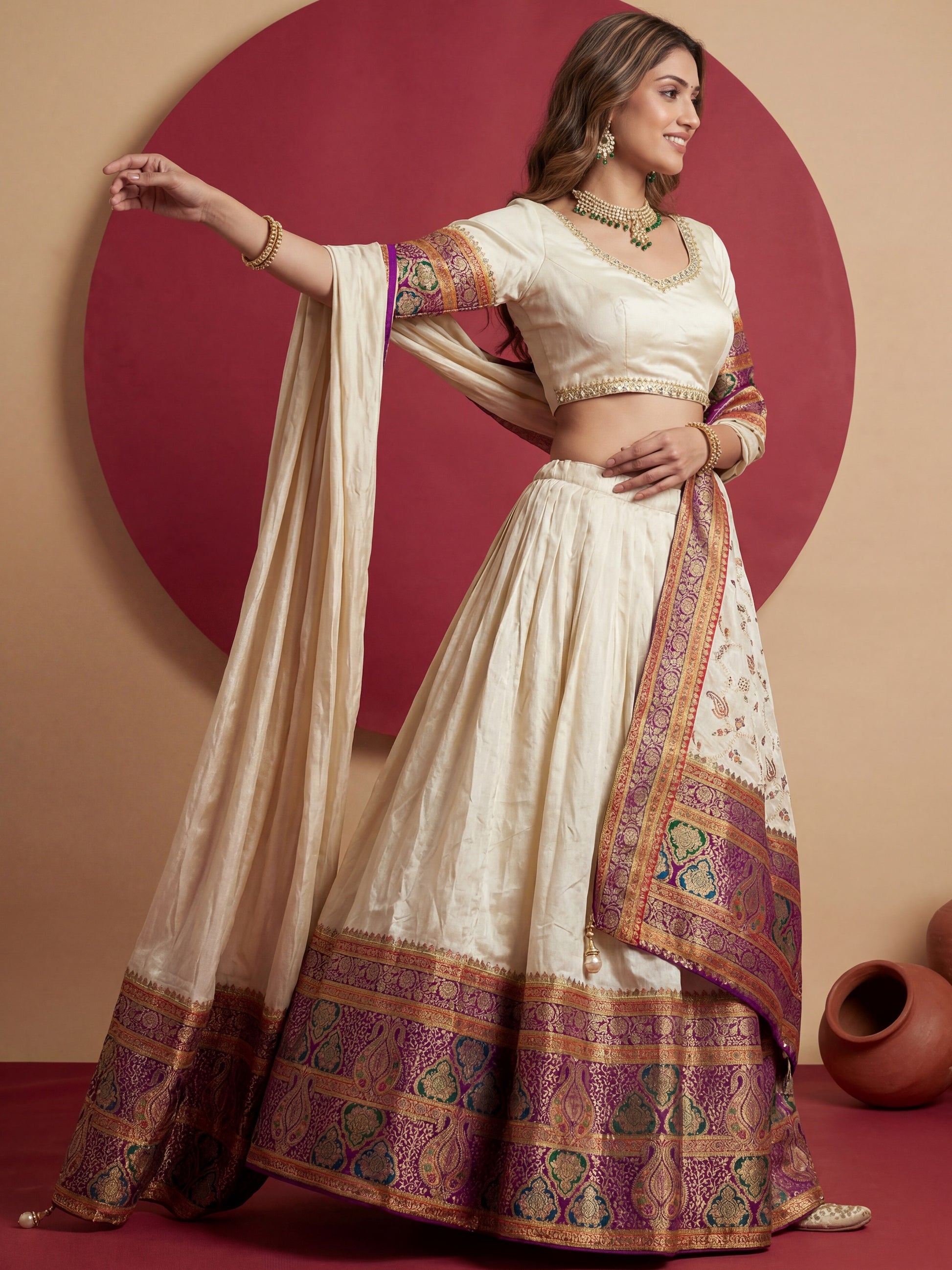 Majestic Cream Zari Weaving Viscose Traditional Wear Lehenga Choli With Dupatta