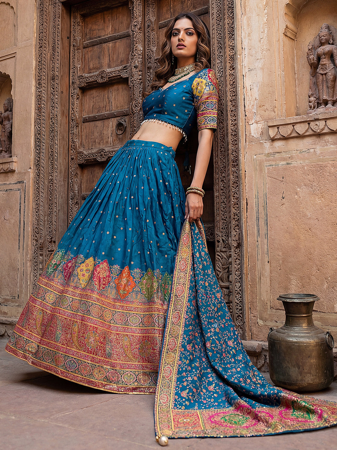Awesome Teal Blue  Zari Weaving Viscose Festive Wear Lehenga Choli With Dupatta