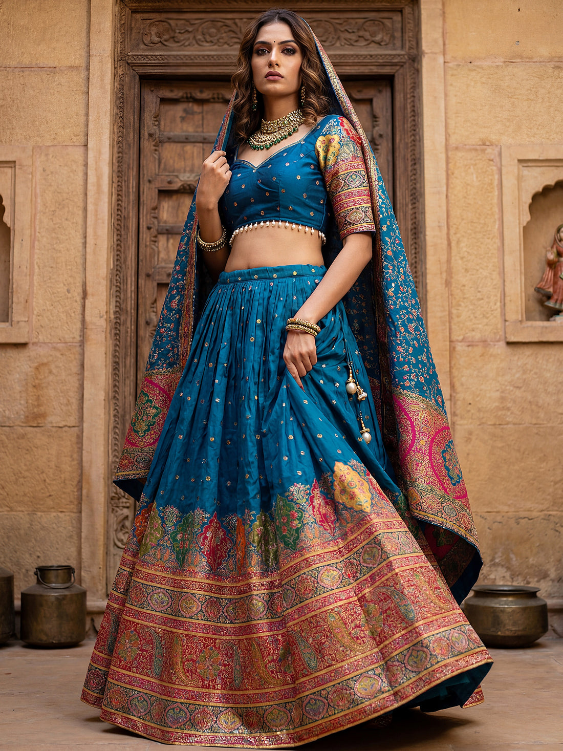 Awesome Teal Blue  Zari Weaving Viscose Festive Wear Lehenga Choli With Dupatta
