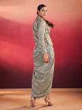 Super Blue Silk Party Wear Crop Top With Drape Lehenga And Jacket