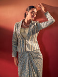 Super Blue Silk Party Wear Crop Top With Drape Lehenga And Jacket