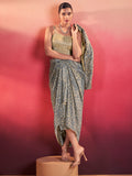 Super Blue Silk Party Wear Crop Top With Drape Lehenga And Jacket