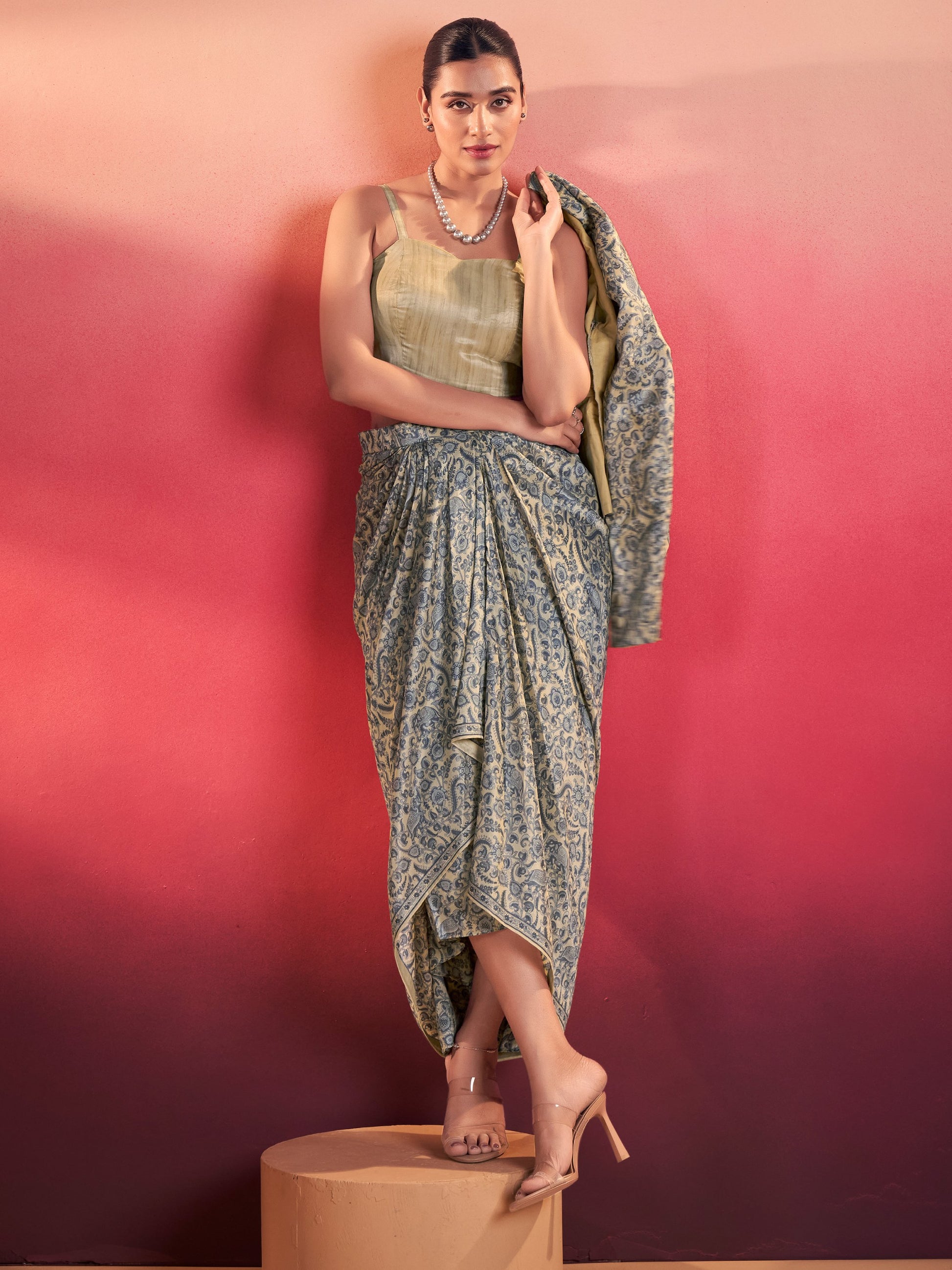Super Blue Silk Party Wear Crop Top With Drape Lehenga And Jacket