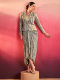 Super Blue Silk Party Wear Crop Top With Drape Lehenga And Jacket