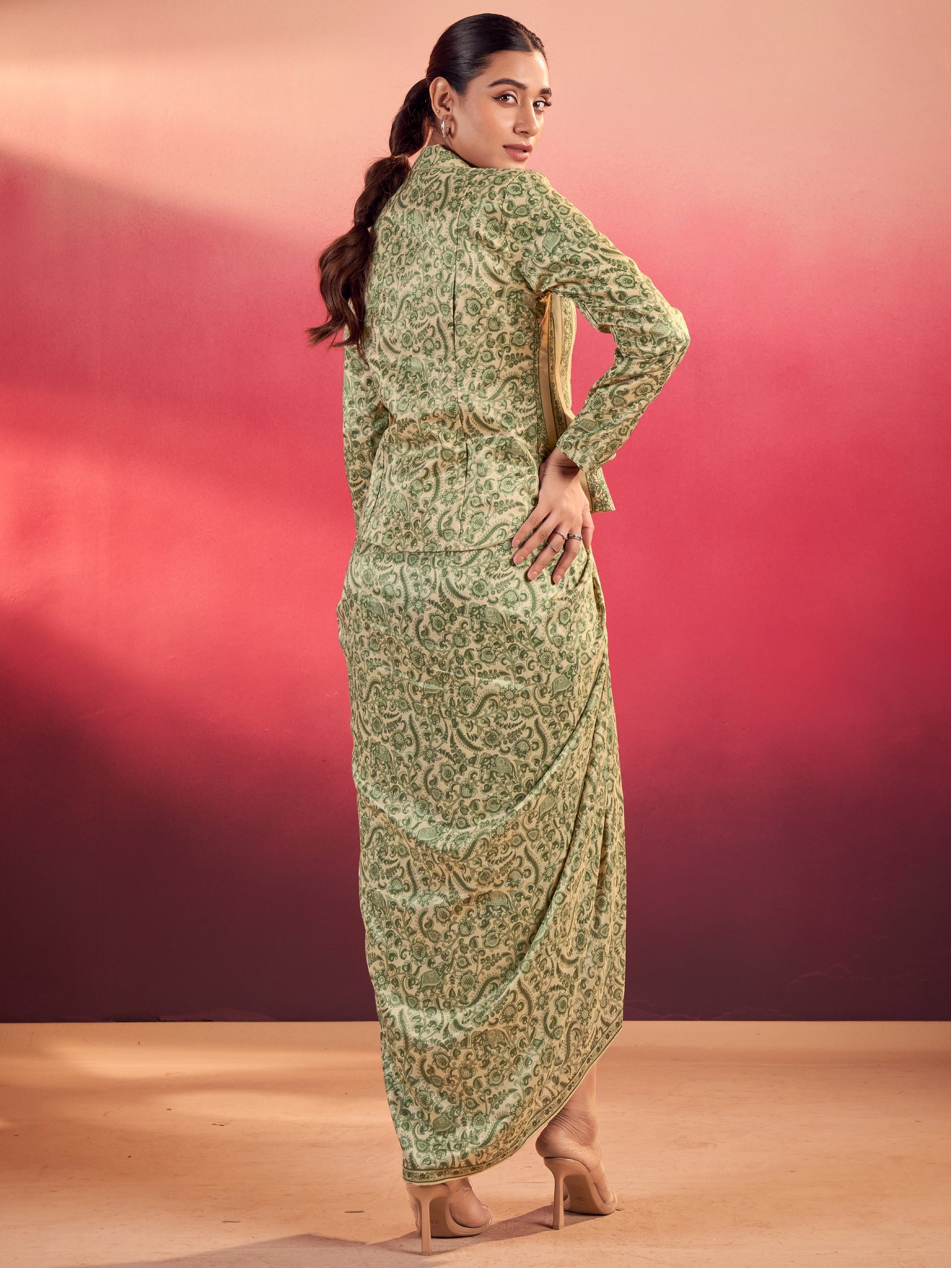 Notable Green Silk Event Wear Crop Top With Drape Lehenga And Jacket