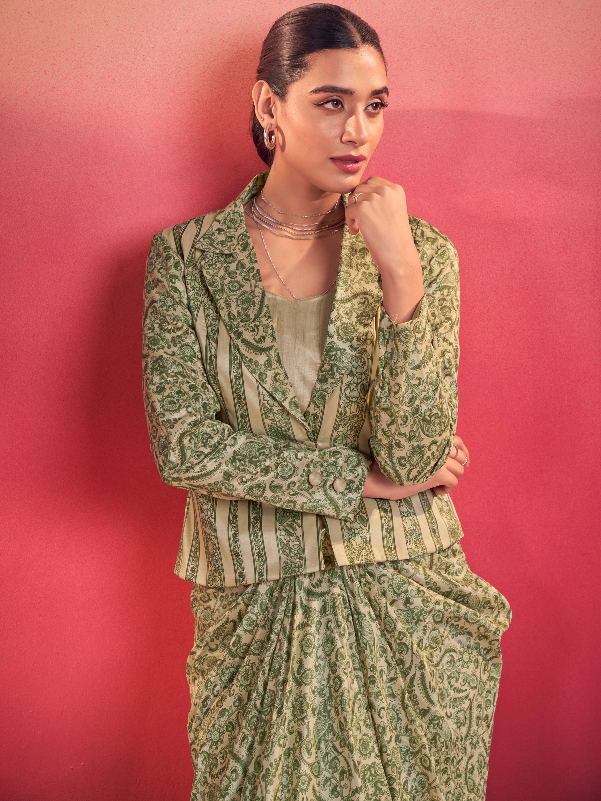 Notable Green Silk Event Wear Crop Top With Drape Lehenga And Jacket