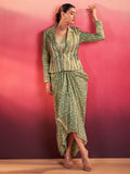 Notable Green Silk Event Wear Crop Top With Drape Lehenga And Jacket