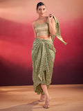Notable Green Silk Event Wear Crop Top With Drape Lehenga And Jacket