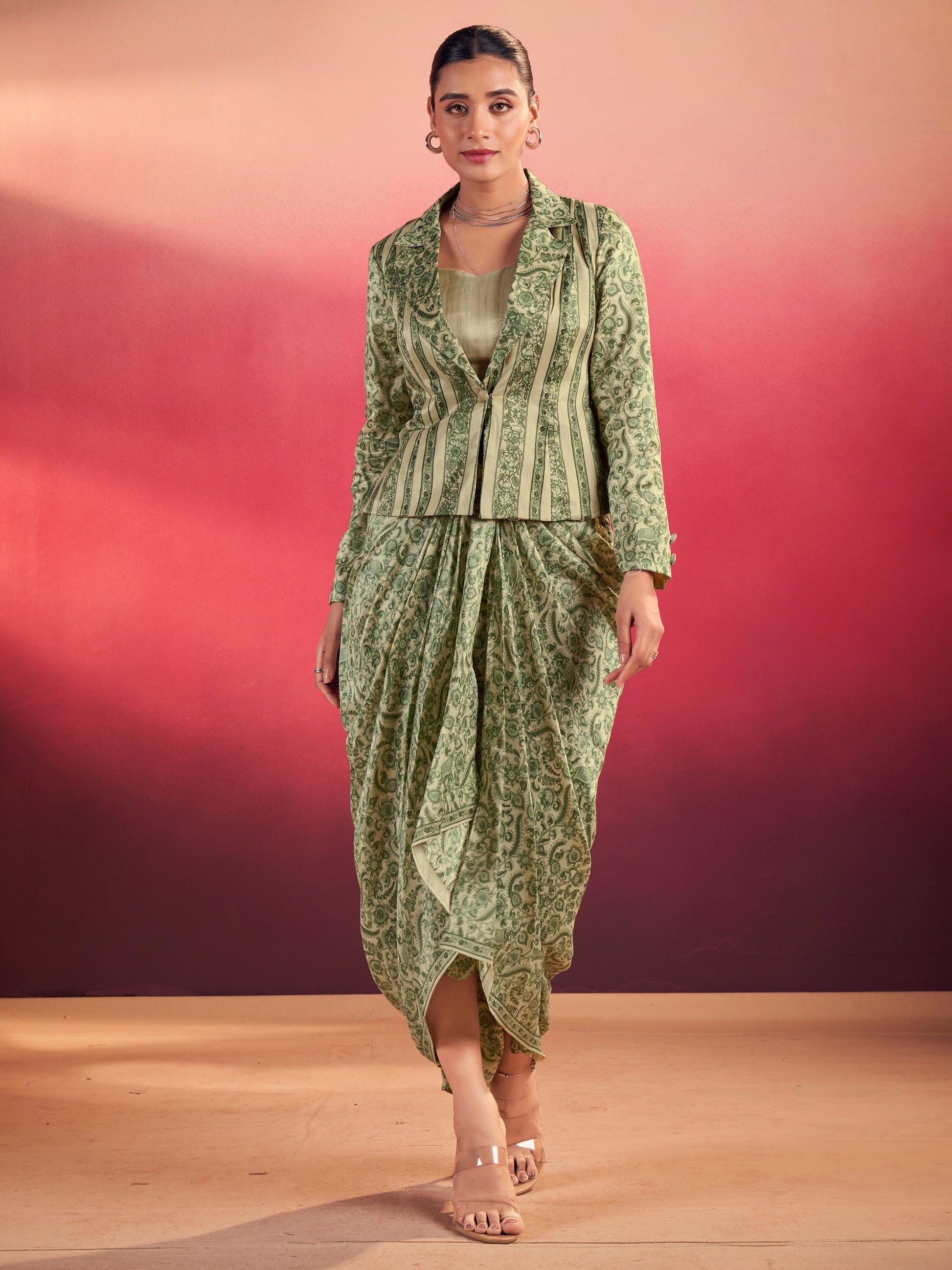 Notable Green Silk Event Wear Crop Top With Drape Lehenga And Jacket
