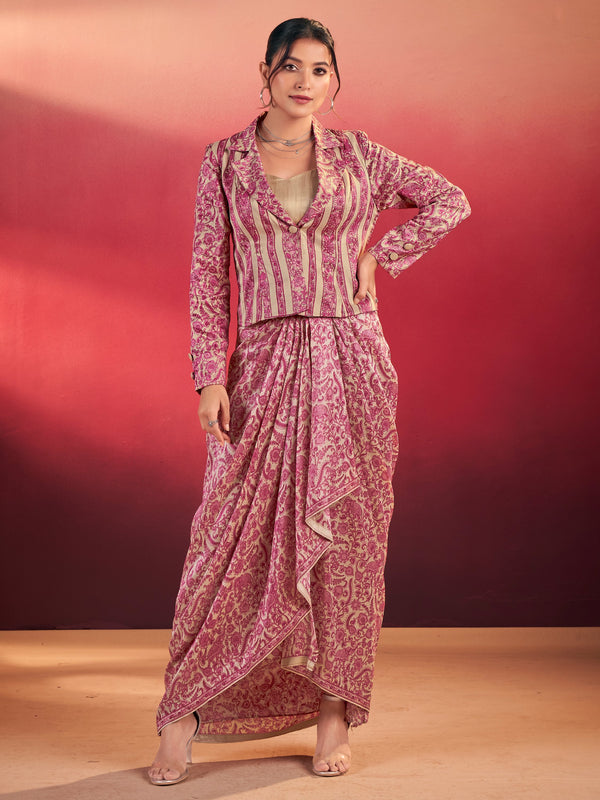 Great Rani Pink Wedding Wear Crop Top With Drape Lehenga And Jacket