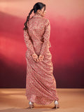 Rich Salmon Pink Festive Wear Crop Top With Drape Lehenga And Jacket