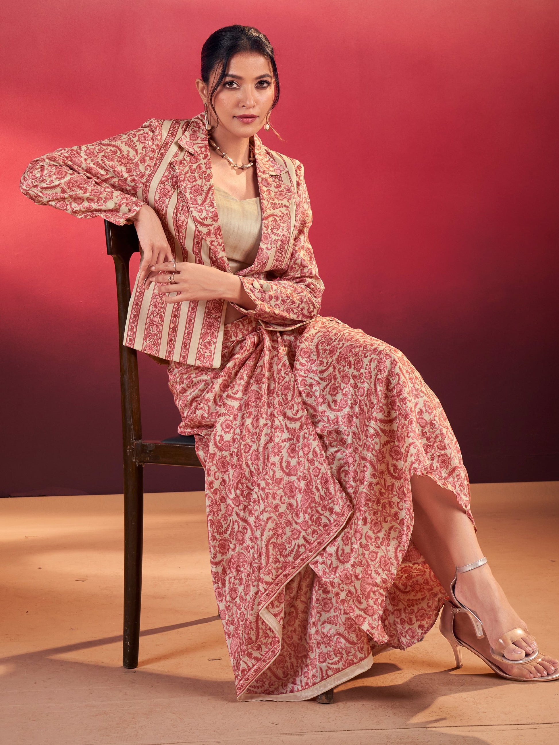 Rich Salmon Pink Festive Wear Crop Top With Drape Lehenga And Jacket