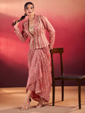 Rich Salmon Pink Festive Wear Crop Top With Drape Lehenga And Jacket