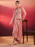 Rich Salmon Pink Festive Wear Crop Top With Drape Lehenga And Jacket