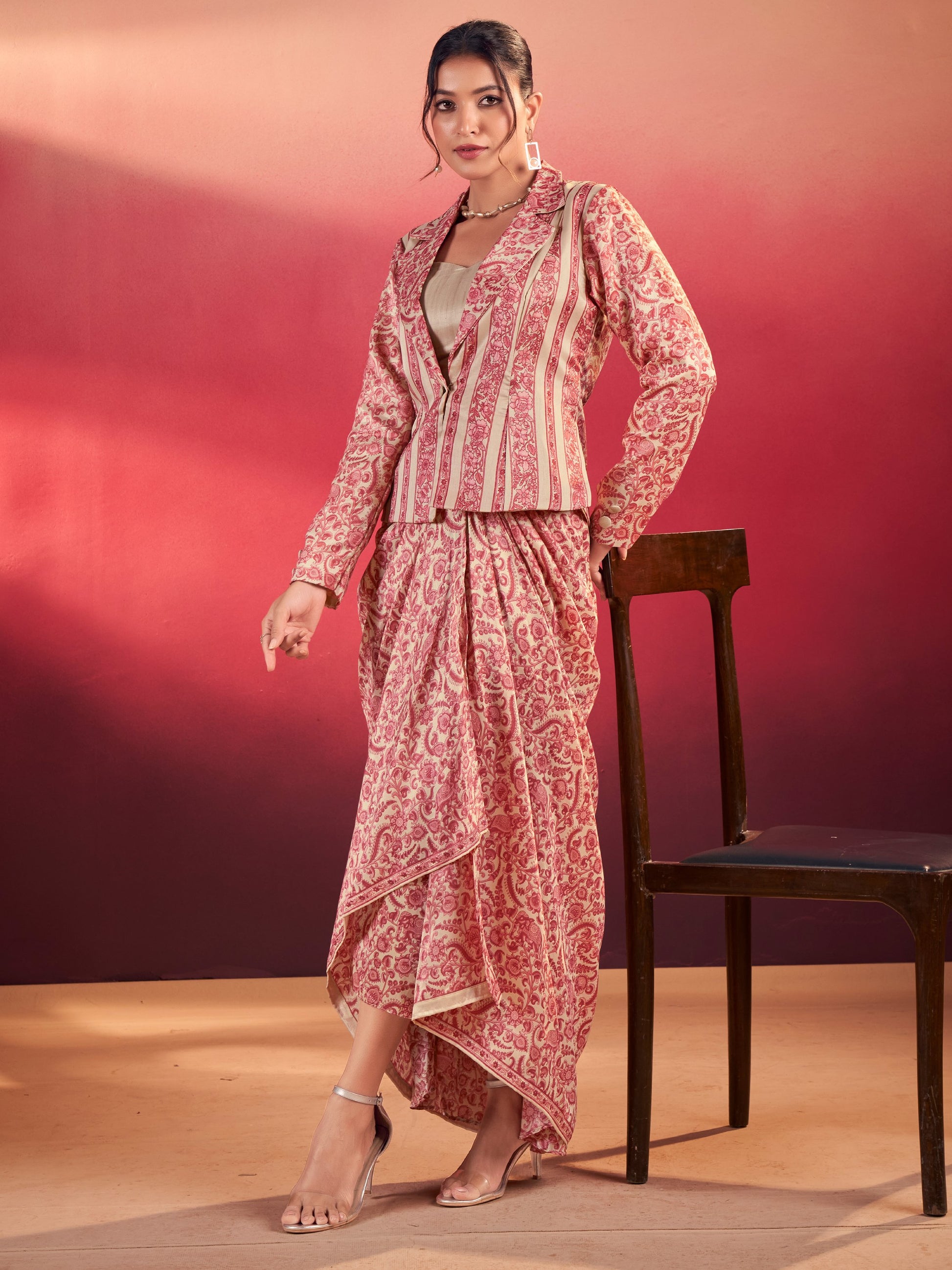 Rich Salmon Pink Festive Wear Crop Top With Drape Lehenga And Jacket