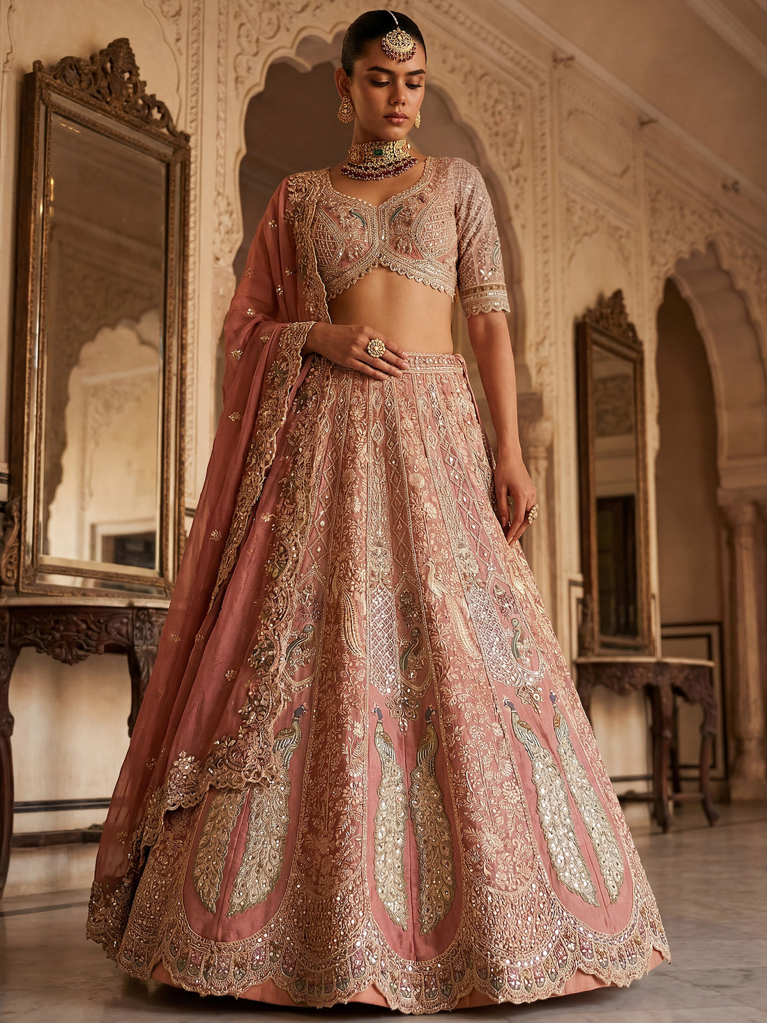 Sparkling Dusty Rose  Embroidered  Tissue Wedding Wear Lehenga Choli With Dupatta